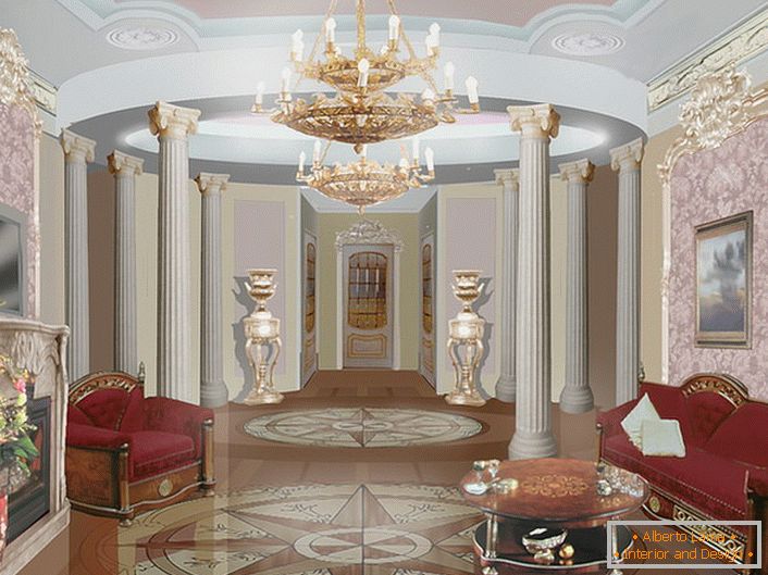 Majestätische Massivholzmöbel mit üppiger Polsterung und kleinem Couchtisch im Ton - ordentlich eingerichtetes Gästezimmer im Barockstil.