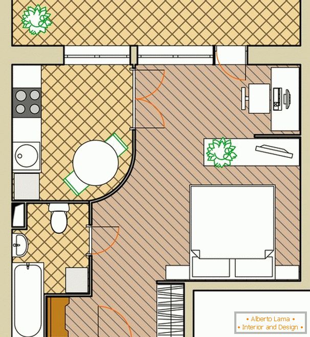 Apartment-Layout für zwei Erwachsene mit einem Büro