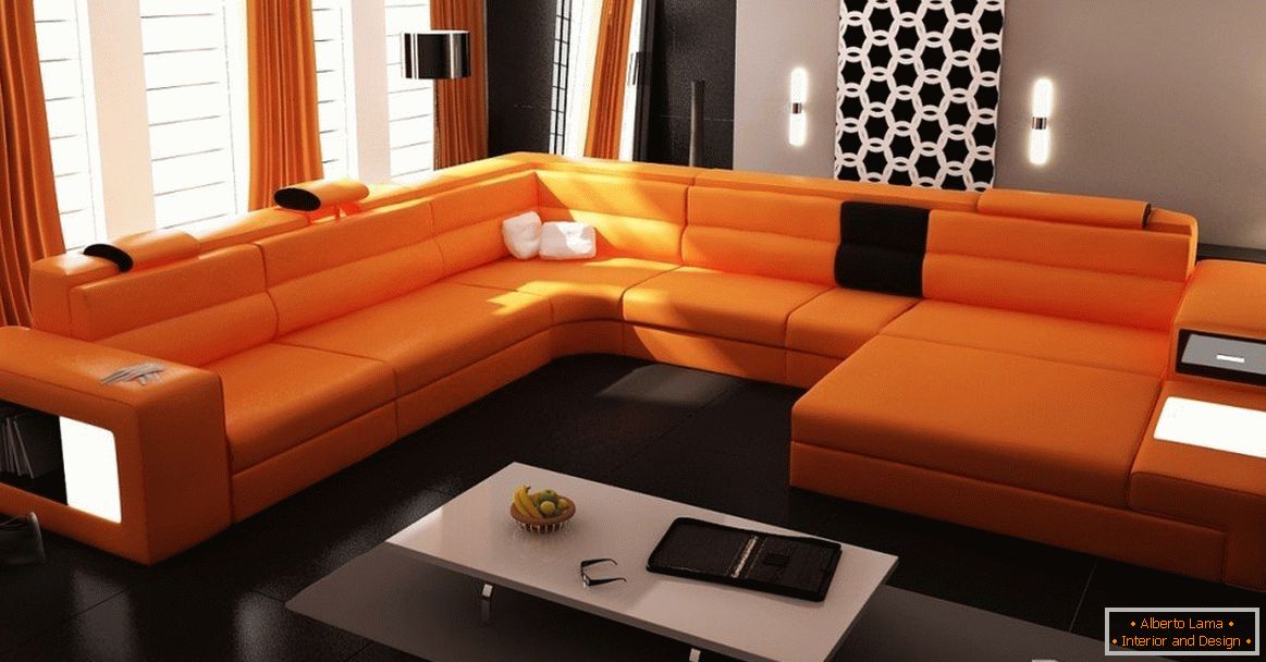 Orange Sofa in einem strengen Wohnzimmer