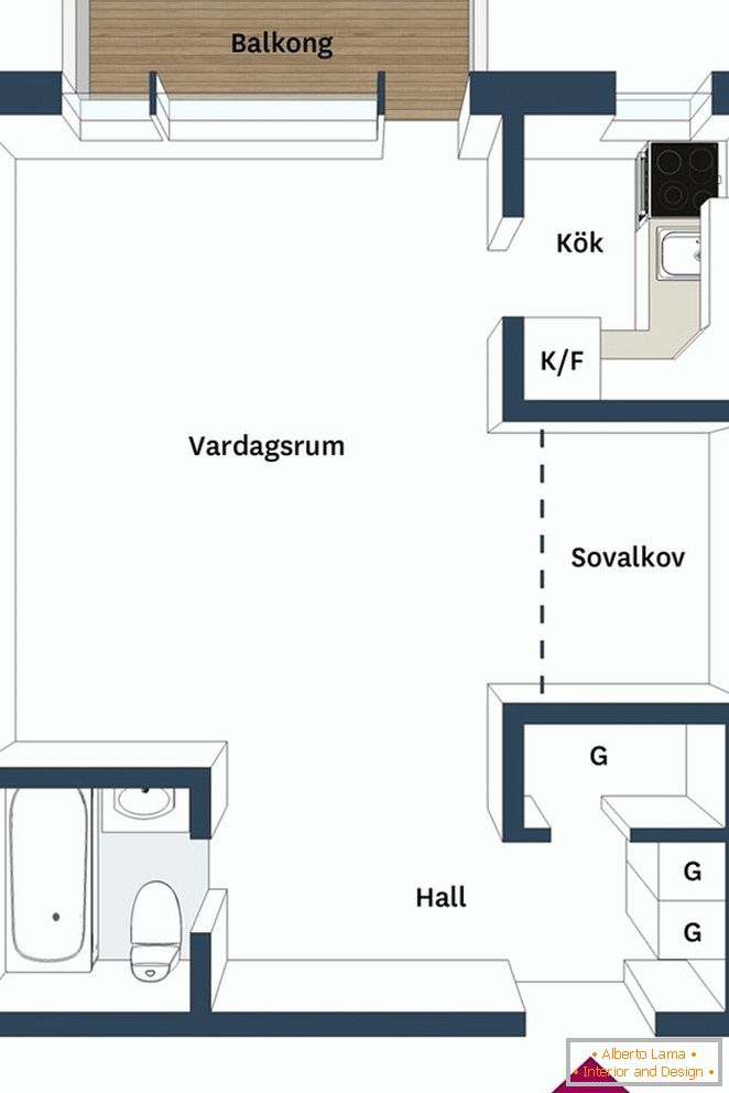 Wohnung von 29 Quadratmetern mit hohen Decken in Göteborg