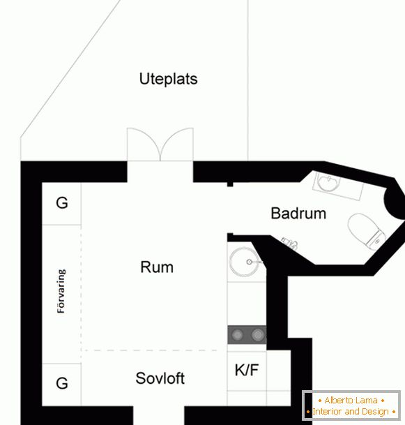 Der Plan einer kleinen Studiowohnung in Schweden