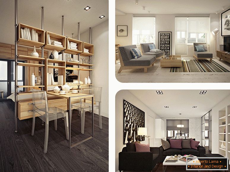 Design eines kleinen Studio-Apartments in mehreren Varianten