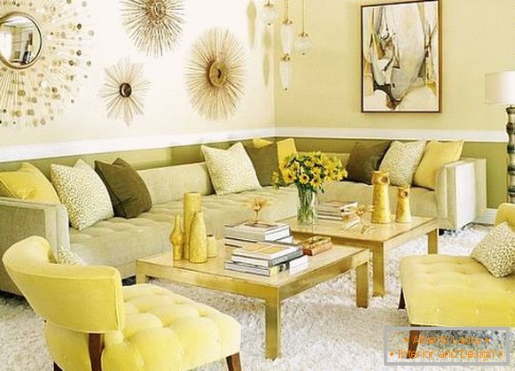 Retro-Stil im Wohnzimmer in gelb und grün