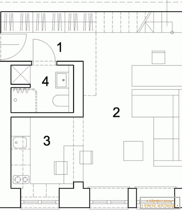 Das Layout der ersten Ebene einer zweistöckigen Studio-Wohnung in Polen