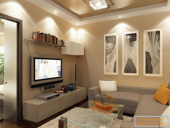 Spannungsdecken der beige und weißen Farbe sehen vorzüglich im modernen Wohnzimmer aus.