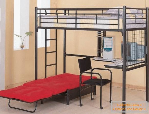 Schwarzes stilvolles Hochbett mit einem Bett am unteren Foto
