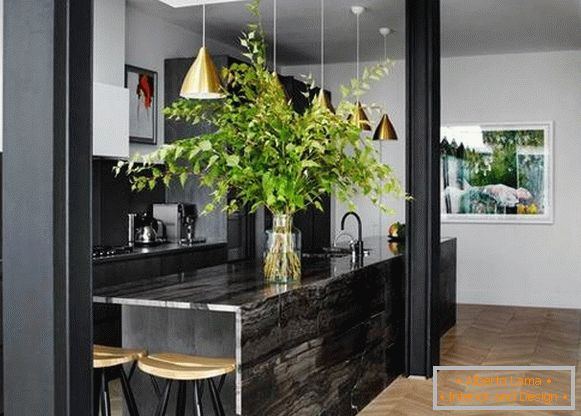 Stilvolle Küche eines privaten Hauses in dunklen Farben