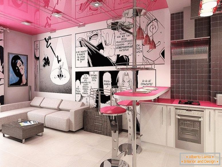 Rosa Decke im Innenraum im Stil der Pop Art