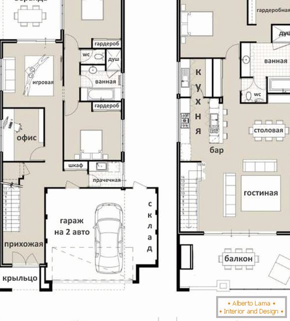Varianten des zweiten Stocks in einem privaten Haus - ein Projekt mit einer Wohnzimmerküche und einem Schlafzimmer