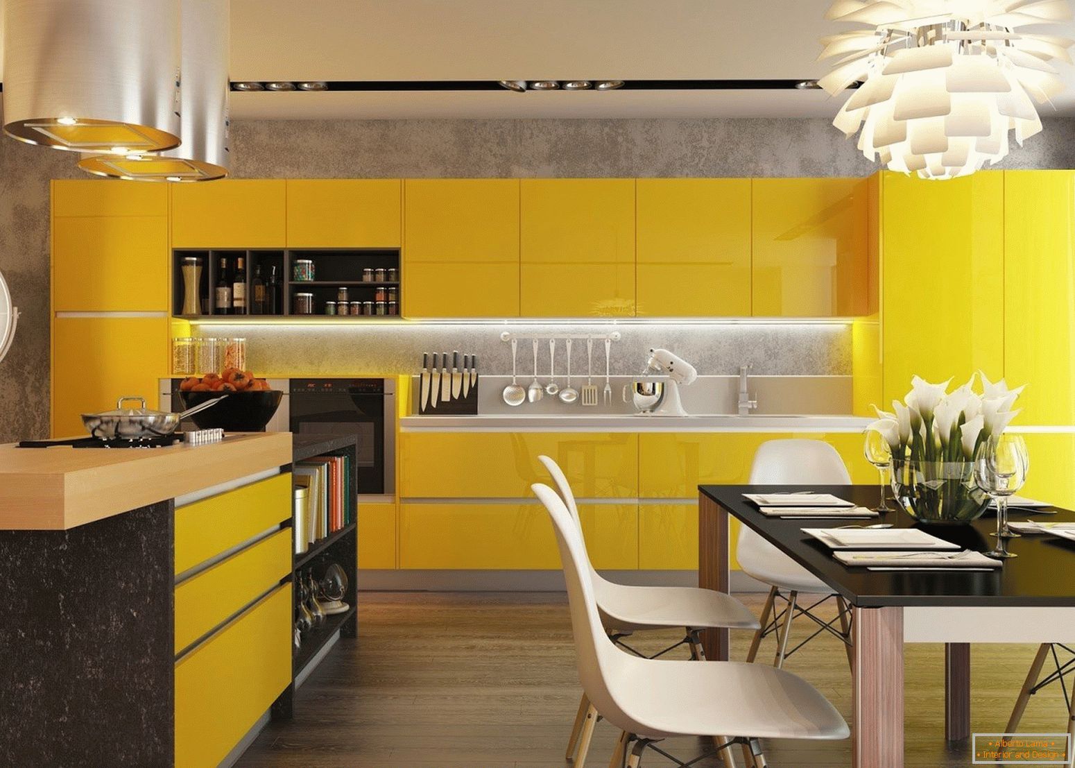 Küche с желтыми фасадами и черным столом