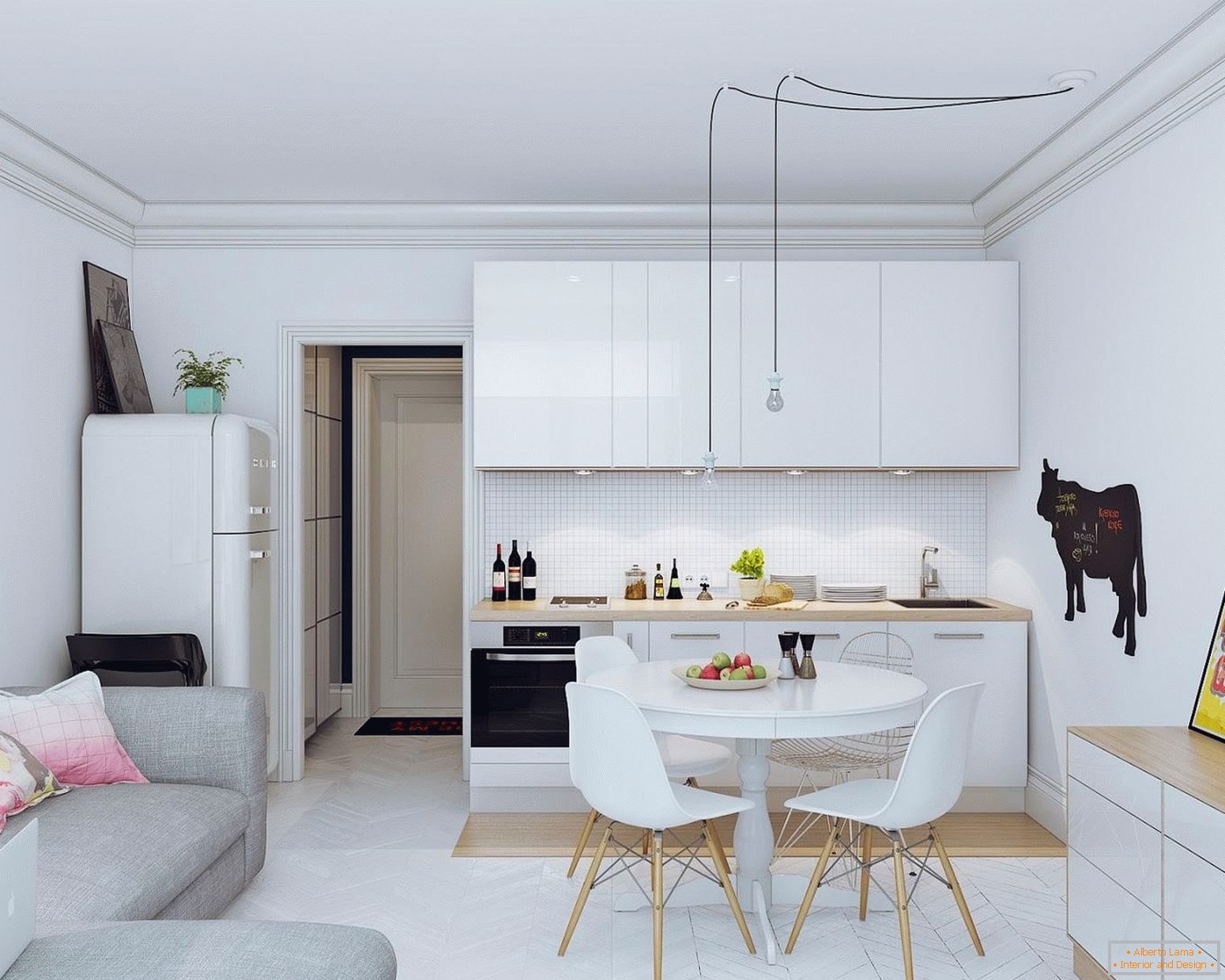 Modernes Wohnzimmer mit Küche in heller Ausführung