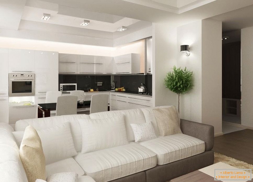 Kombinierte Küche und Wohnzimmer in weißen Tönen