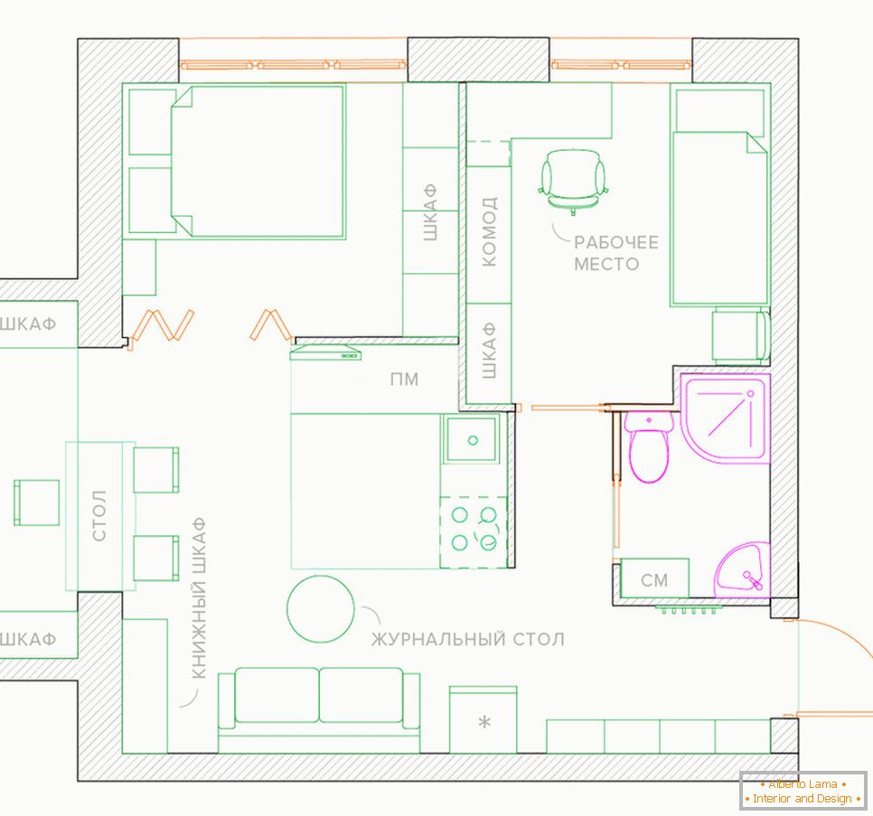 Umgestaltung einer Einzimmerwohnung in einer Wohnung mit einem Schlafzimmer и детской