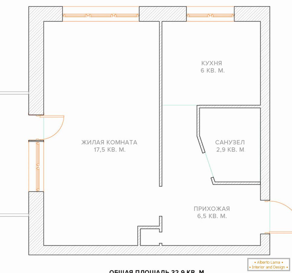 Schema der Neuplanung einer Ein-Zimmer-Wohnung
