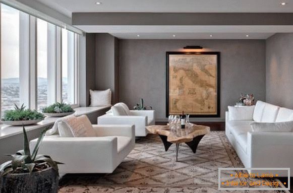 Das Design des Wohnzimmers mit weißen Möbeln - ein Foto mit grauen Wänden