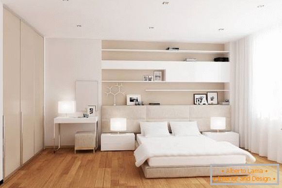 Modernes Design eines weißen Schlafzimmers mit einem warmen Boden