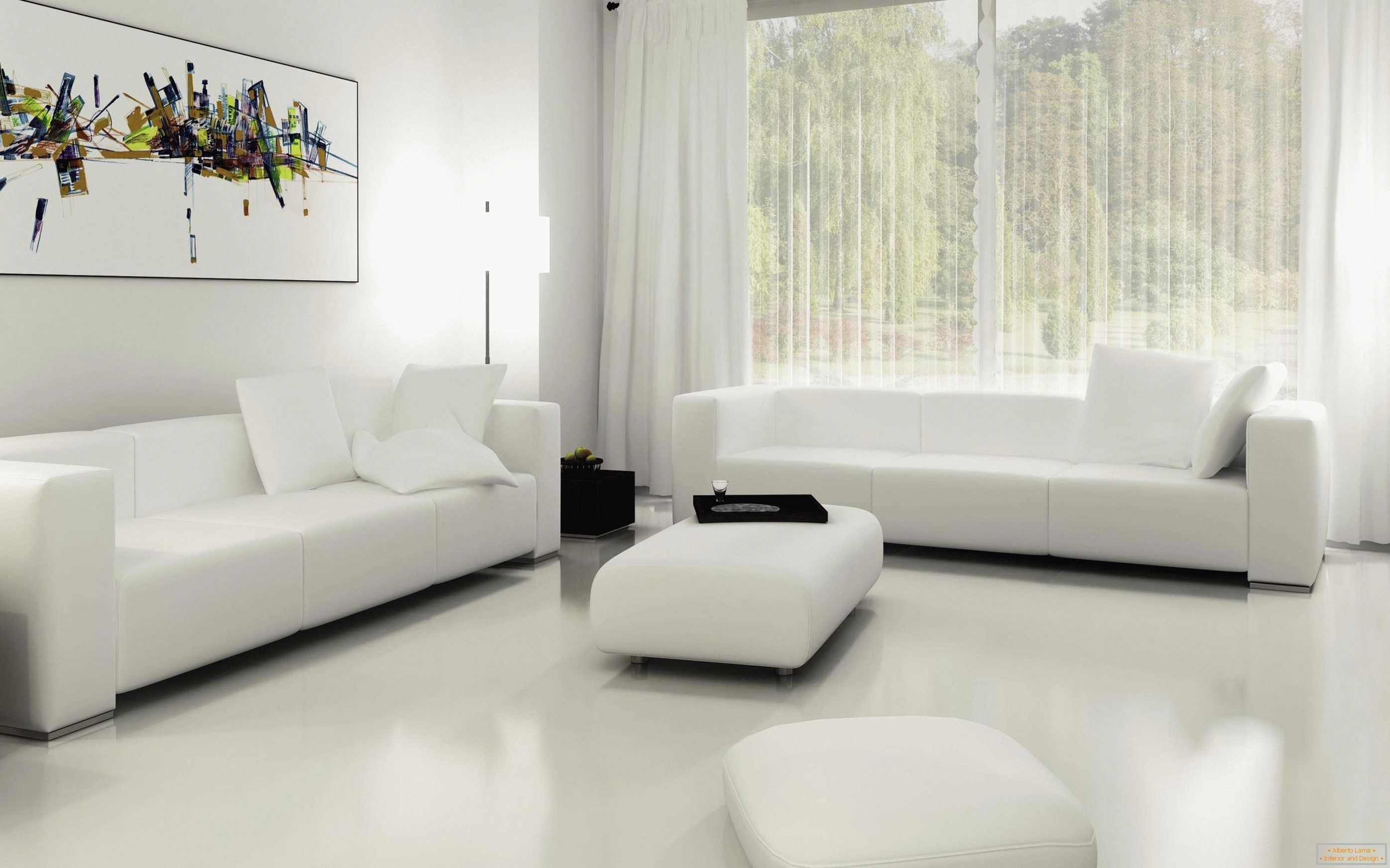Weißes Wohnzimmer mit einem Fenster im Boden
