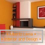 Die Kombination von Orange, Rot und Weiß im Design des Wohnzimmers