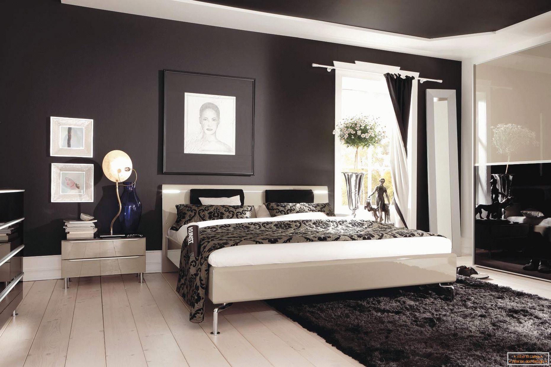 Schwarze Decke und Wände im Schlafzimmer
