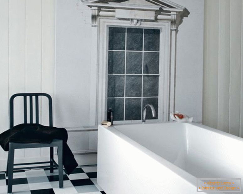 black-and-white-traditional-interior-Badroom-design-white-corian-square-Badtub-black-and-white-floor-tile-vintage-plastic-stool-white-wood-frame-window-black-and-white-Badroom-ideas-interior-Bad