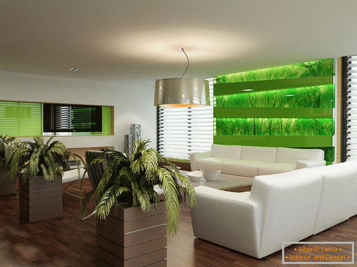 Der ökologische Stil im Inneren des Wohnzimmers hilft den Wohnungseigentümern und ihren Gästen, aus dem Stadtgetümmel zu entkommen.