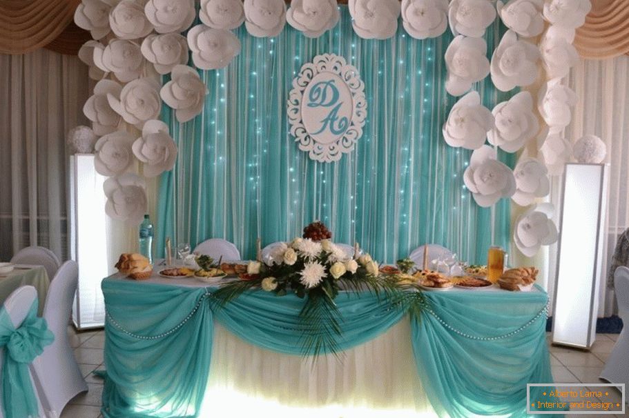 Weiß und Türkisfarben in der Dekoration der Hochzeitshalle