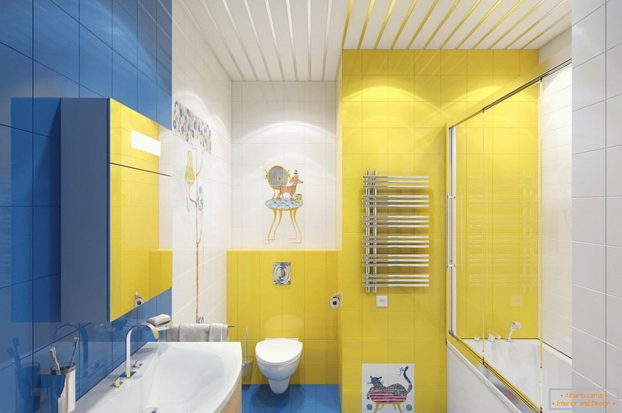 Blau, Gelb und Weiß im Badezimmerinnenraum