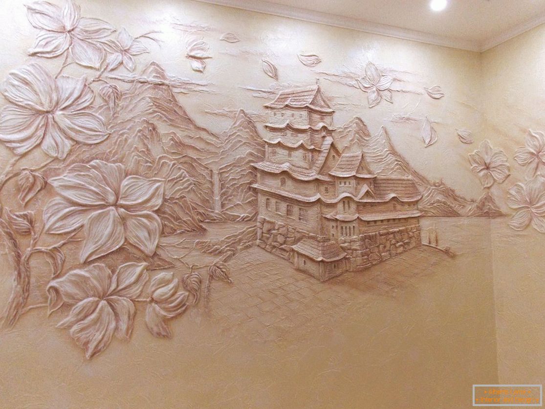 Volumetrische Zeichnung mit einem Haus und Bäumen aus dekorativem Gips