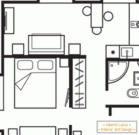 Der Plan einer kleinen Studiowohnung с мебелью