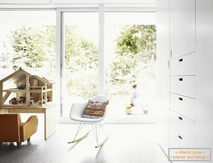 Der Boden und die Wände im Kinderzimmer im minimalistischen Stil sollten monophon sein. Als Beleuchtung eignet sich am besten ein kleiner Deckenleuchter oder LED-Spot-Beleuchtung. 