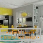 Gelbe Möbel in einem grauen Innenraum