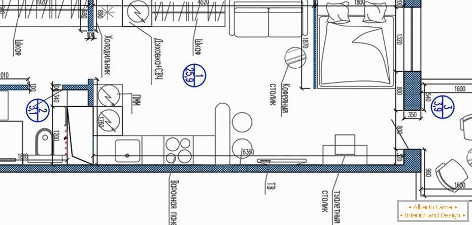 Plan Apartment-Studio von 25 bis 30 Quadratmetern. m.