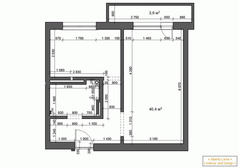Der Plan der Studio-Wohnung ist von 35 bis 42 Quadratmetern. m.