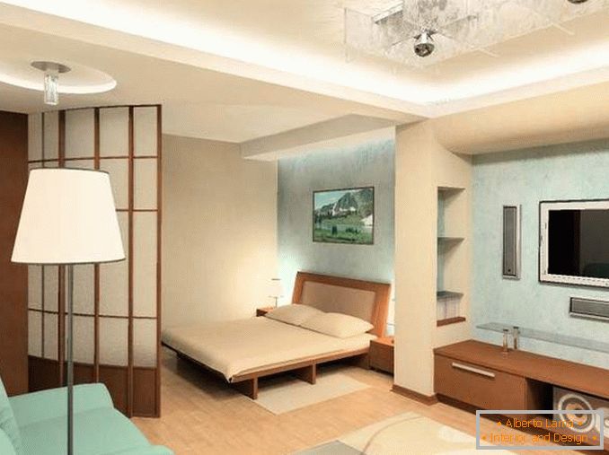Design der 1-Zimmer-Wohnung in Chruschtschow - Foto eines Zimmers mit einem Bett