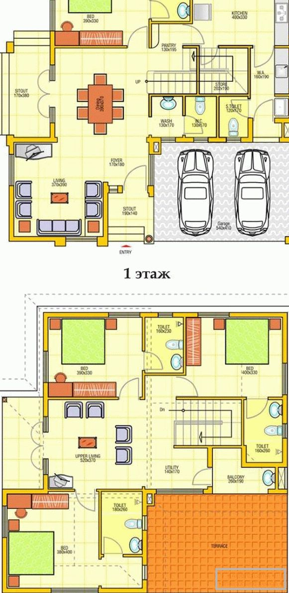 Der Plan eines zweistöckigen Privathauses mit Garage