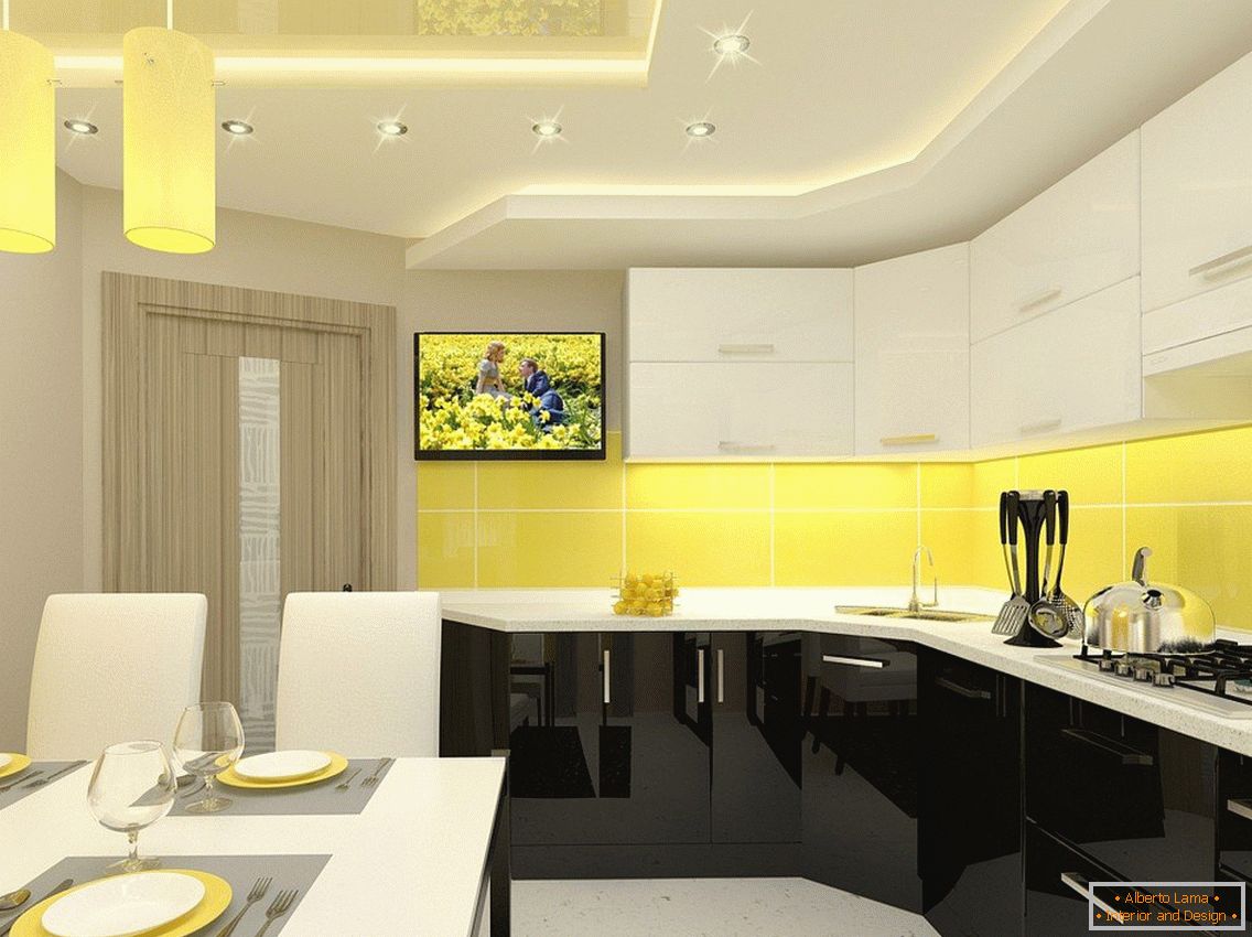 Gelbe Küche und weiße Möbel