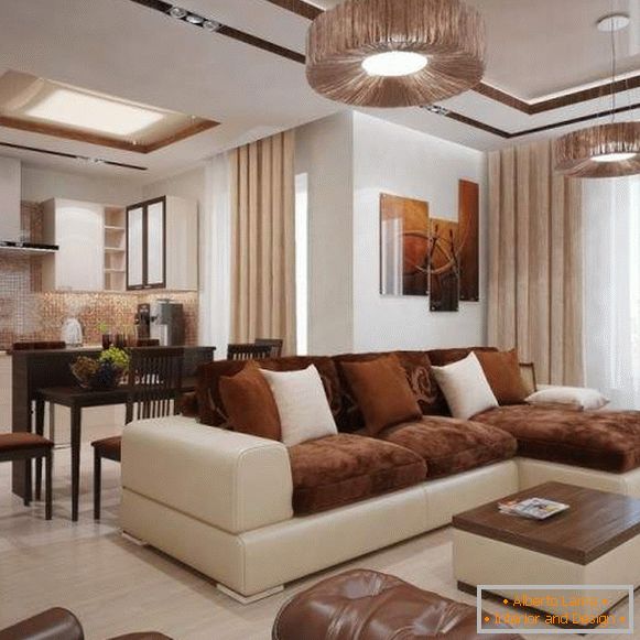 Modernes Wohnzimmerdesign in einem privaten Haus in der weißen und braunen Farbe