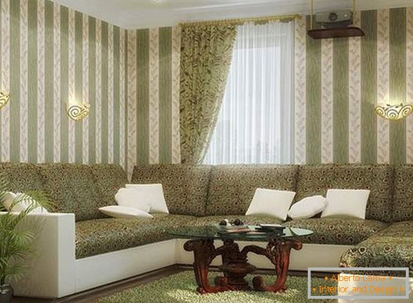Das Design des Wohnzimmers in einem privaten Haus in weißen und grünen Farben
