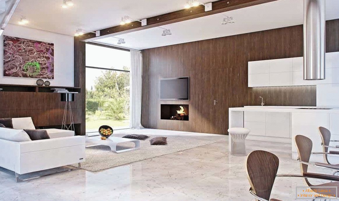 Das Wohnzimmer kann in einem modernen Stil und in einem Holzhaus eingerichtet werden