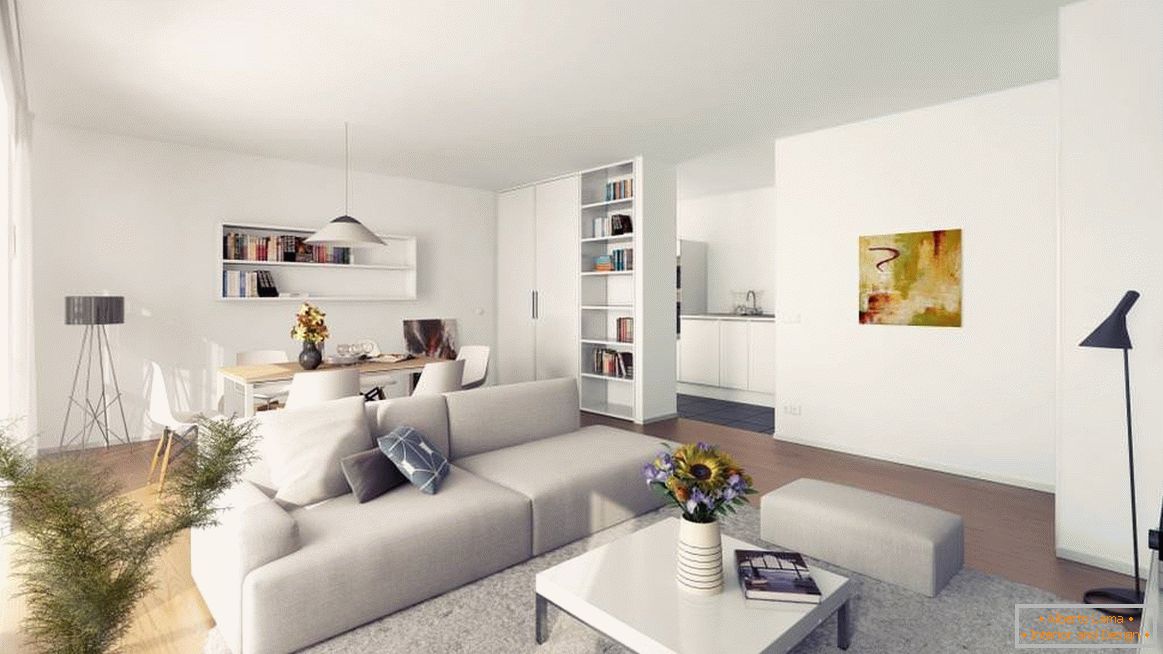 Weiße Decke im Wohnzimmer im minimalistischen Stil