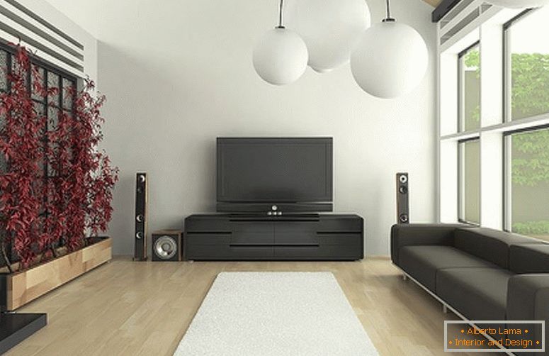 Dunkle Möbel im Wohnzimmer im minimalistischen Stil