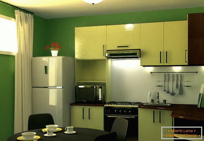Grün ist die Farbe der Ruhe und Harmonie. Küchenfläche von 9 qm in diesem Farbschema - eine ausgezeichnete Lösung für das Design von jeder Stadtwohnung.