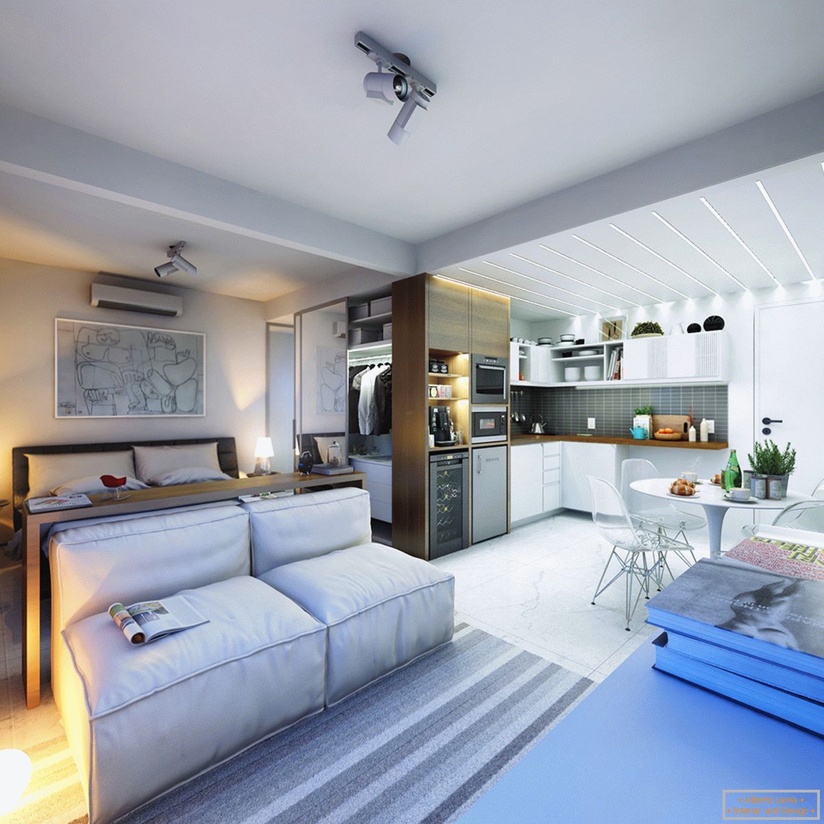 Design einer winzigen Wohnung in hellen Farben