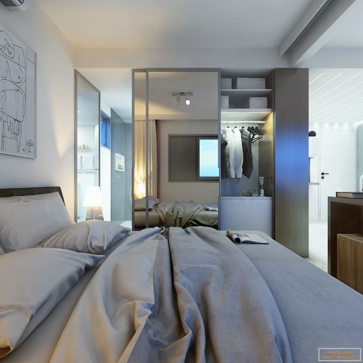 Design eines winzigen Schlafzimmers in Pastellfarben