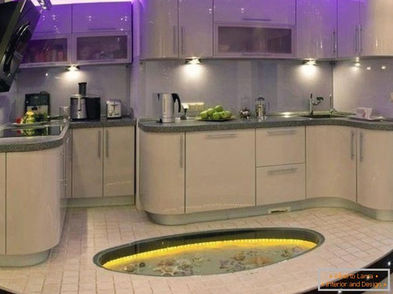 Multilevel Decke und Boden в интерьере кухни-студии