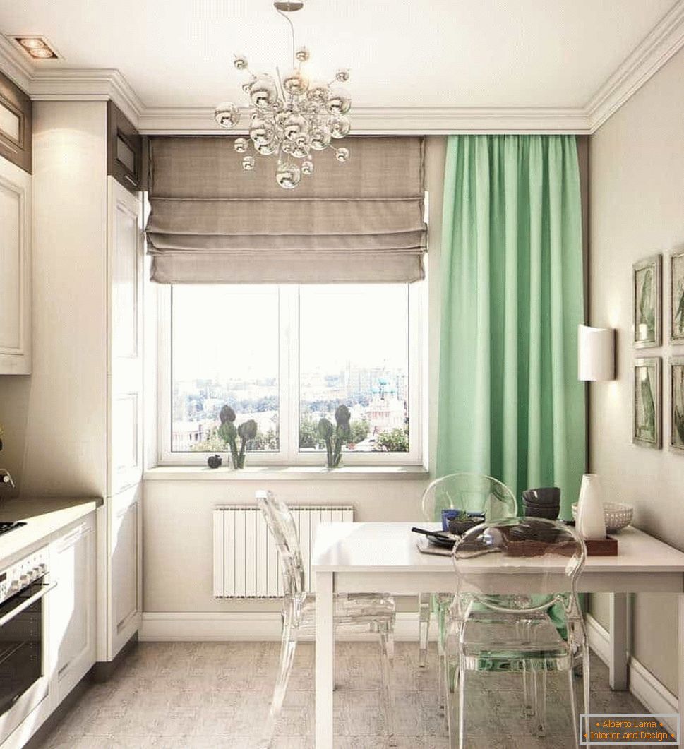 Beige Küche mit grünen Vorhängen