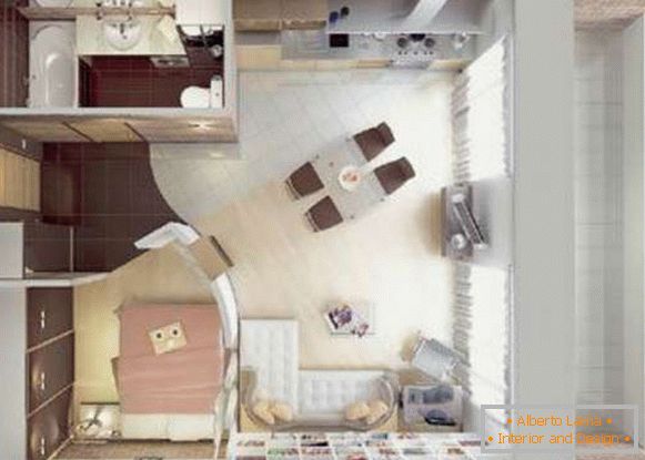 Design der Küche kombiniert mit Wohnzimmer von kleiner Fläche, Foto 53