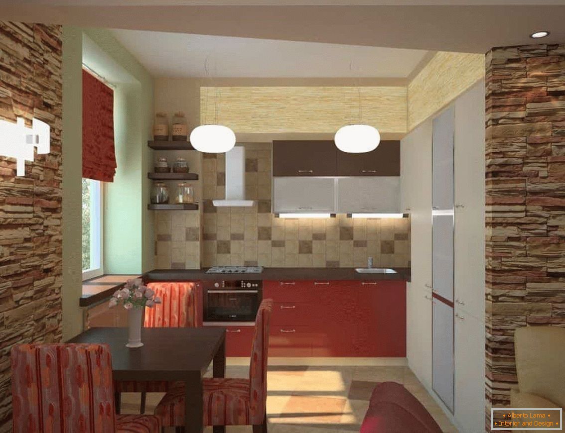 Kunststein in der Dekoration der Wände im Wohnzimmer kombiniert mit der Küche in Chruschtschow