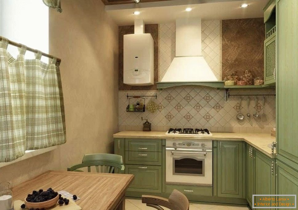 Corner Küche im rustikalen Stil mit einer Schürze aus Fliesen und bemalten Wänden