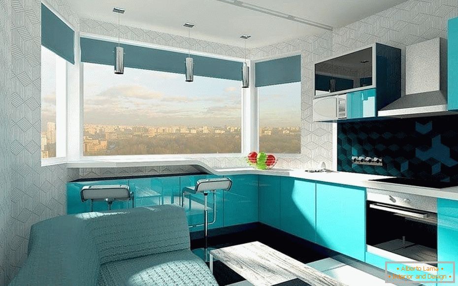 Design-Küchendesign in einer Beere-farbig mit einem Erker mit einer Theke am Fenster